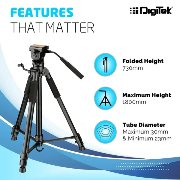 DIGITEK DTR590 VD PRO Tripod for DSLR & Video Cameras, 5.90 Feet Height, 6 Kg Load Capacity, 2-Way Adjustable Head