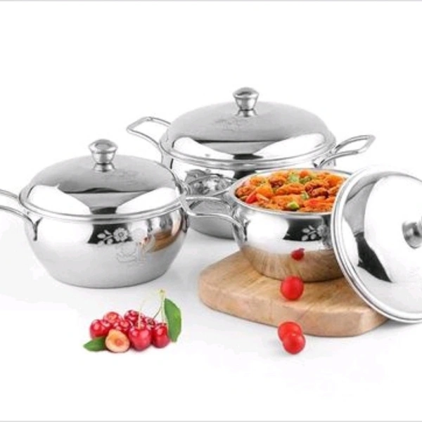 Premium Mirror Finish Stainless Steel Set of 3 Tomato Handi with Good Silver Design, Pot and Pan Set with lid, Kitchen Set Combo, Tapeli/Serving Set for Kitchen (900 ml, 1200 ml & 2000 ml)
 - yes, silver, 2-3days, yes
