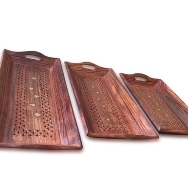 Wooden Coffee Tray Set Of 3 ( Handcarved Coffee, Tea And Snacks Serving Trays ) - (18X10X4 Inches - yes, wooden, 2 days, yes