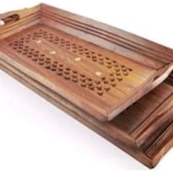 Wooden Coffee Tray Set Of 3 ( Handcarved Coffee, Tea And Snacks Serving Trays ) - (18X10X4 Inches - yes, wooden, 2 days, yes