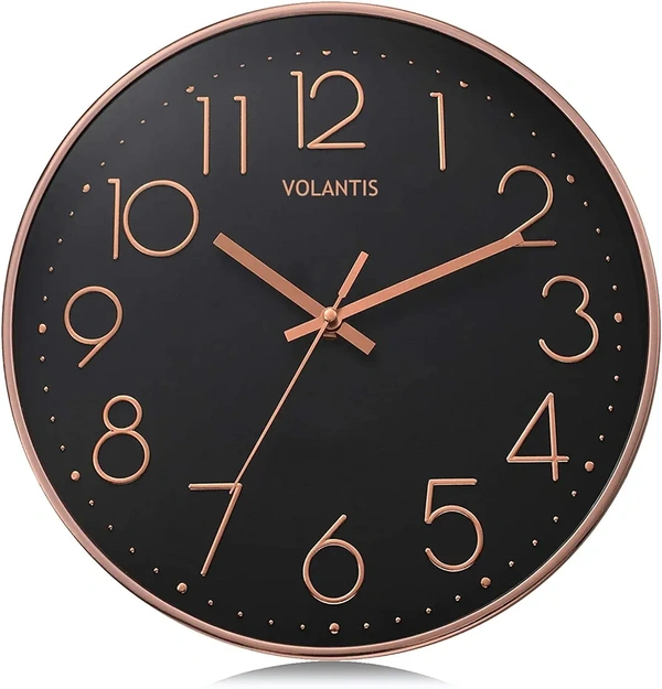 VOLANTIS 12 Inch Modern Plastic Stylish Non Ticking Silent Analog Wall Clock for Home, Living Room, Bedroom, Office, and Kitchen (Black & Rose Gold) - Black