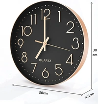 VOLANTIS 12 Inch Modern Plastic Stylish Non Ticking Silent Analog Wall Clock for Home, Living Room, Bedroom, Office, and Kitchen (Black & Rose Gold) - Black