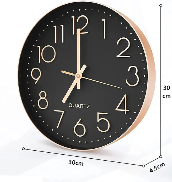 VOLANTIS 12 Inch Modern Plastic Stylish Non Ticking Silent Analog Wall Clock for Home, Living Room, Bedroom, Office, and Kitchen (Black & Rose Gold) - Black