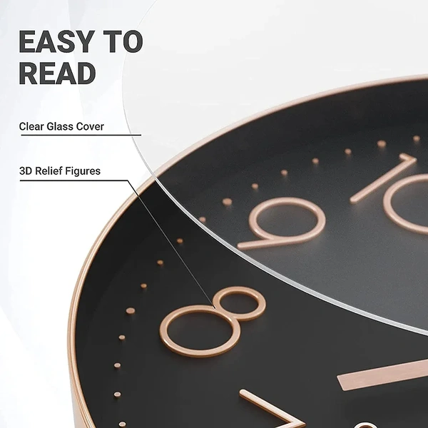 VOLANTIS 12 Inch Modern Plastic Stylish Non Ticking Silent Analog Wall Clock for Home, Living Room, Bedroom, Office, and Kitchen (Black & Rose Gold) - Black