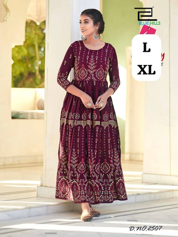 Shimmer Beautiful Long Printed Gown in Anarkali Style Stitched