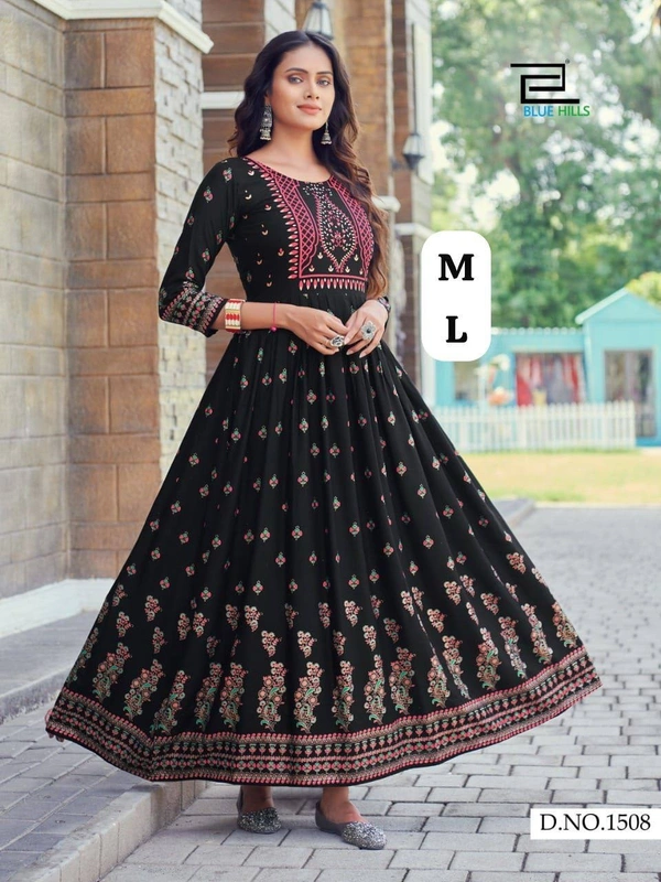Shimmer Beautiful Long Printed Gown in Anarkali Style Stitched