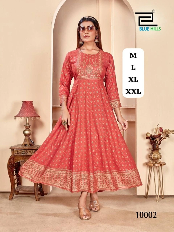 Shimmer Beautiful Long Printed Gown in Anarkali Style Stitched