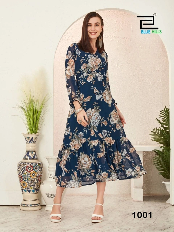 Printed Gown with Long Sleeves and pattern, 6 colors, Set of 4