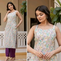 Blush Sleeveless Cotton Printed Kurti For Regular and Office wear