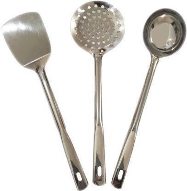 STNEMRAG 100% Stainless Steel Heavy Gauge Laddle, Skimmer, Tabita/Chamcha/Poniya/Palta With Plastic handle Set of 3 pis Steel Kitchen Tool Set (Steel) Kitchen Tool Set (Skimmer, Ladle, Spatula)