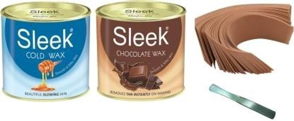 Sleek Chocolate and Cold Wax 600 gm, Waxing Strips (70 Pcs,110 GSM) and 1 Waxing Knife Wax (1200 g, Set of 4)