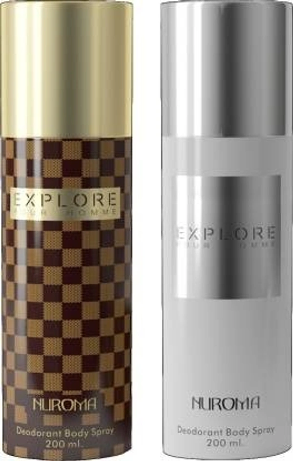 NUROMA EXPLORE POUR HOMME BROWN & EXPLORA POUR HOMME WHITE DEODORANT BODY SPRAY LONG LASTING 200ML+200ML PACK OF 2 PC Deodorant Spray  -  For Men & Women (400 ml, Pack of 2)