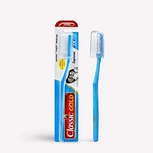 CLASSIC GOLD  New Supreme Hard manual Toothbrush For Adults Pack Of 12 With Anti Bacterial Crystal Clear Cap