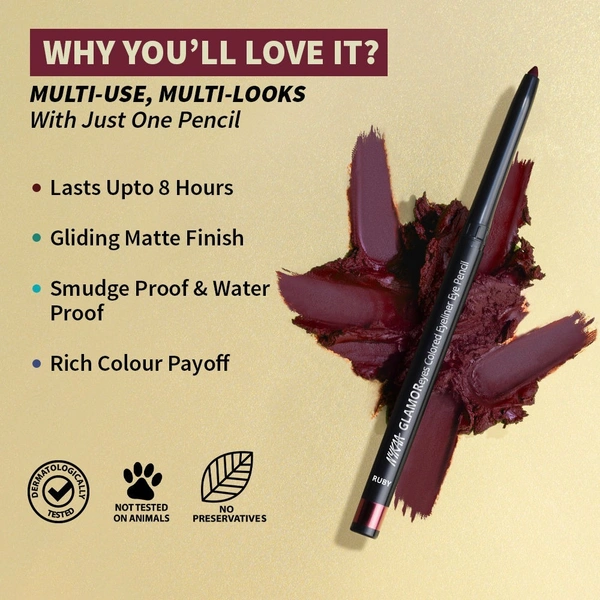 Nykaa GLAMOReyes Waterproof & Smudgeproof Colored Kajal Eyeliner Eye Pencil - Ruby