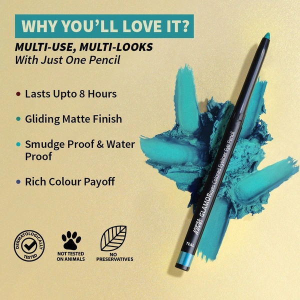 Nykaa GLAMOReyes Waterproof & Smudgeproof Colored Kajal Eyeliner Eye Pencil - Teal