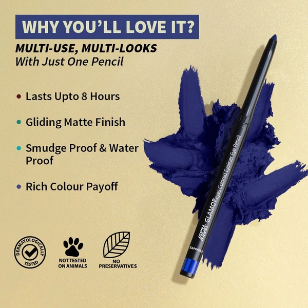 Nykaa GLAMOReyes Waterproof & Smudgeproof Colored Kajal Eyeliner Eye Pencil - Sapphire