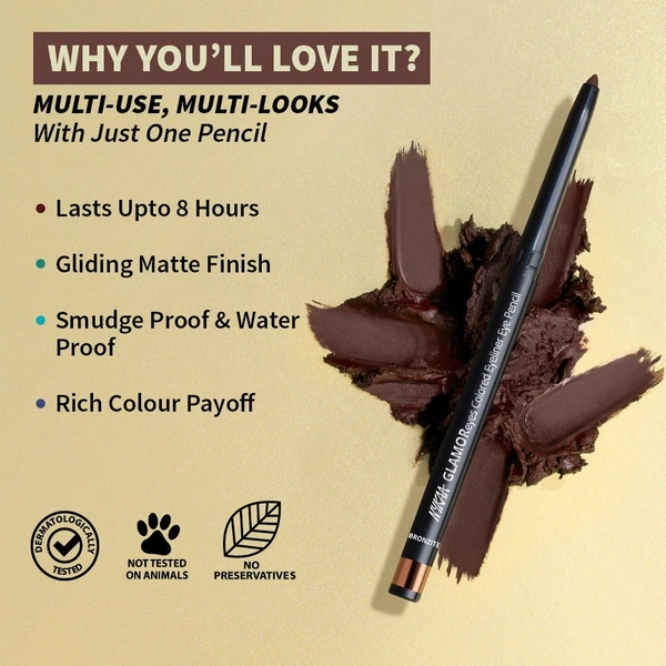NYKAA Nykaa GLAMOReyes Waterproof & Smudgeproof Colored Kajal Eyeliner Eye Pencil - Bronzite