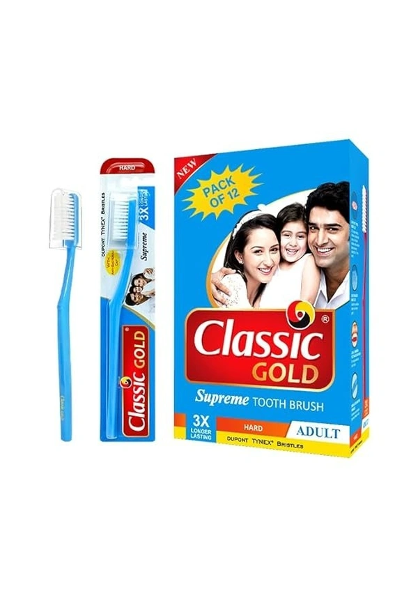 CLASSIC GOLD  New Supreme Hard manual Toothbrush For Adults Pack Of 12 With Anti Bacterial Crystal Clear Cap