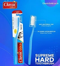 CLASSIC GOLD  New Supreme Hard manual Toothbrush For Adults Pack Of 12 With Anti Bacterial Crystal Clear Cap
