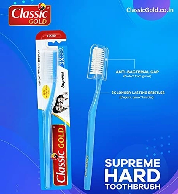 CLASSIC GOLD  New Supreme Hard manual Toothbrush For Adults Pack Of 12 With Anti Bacterial Crystal Clear Cap