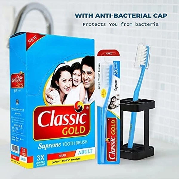 CLASSIC GOLD  New Supreme Hard manual Toothbrush For Adults Pack Of 12 With Anti Bacterial Crystal Clear Cap