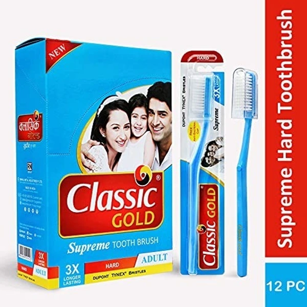 CLASSIC GOLD  New Supreme Hard manual Toothbrush For Adults Pack Of 12 With Anti Bacterial Crystal Clear Cap
