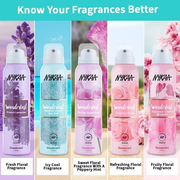 Nykaa  Wanderlust Deodorant Spray for Women, Country Rose, Long Lasting Floral Freshness, Upto 48 Hrs - 10, 150ml, rose