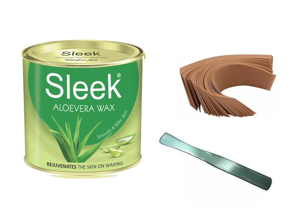 Sleek Aloe Vera Wax 600 gm, Waxing Strips (70 Pieces,110 GSM) and 1 Waxing Knife Wax (600 g)