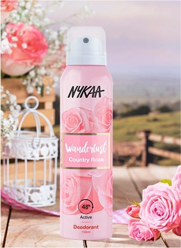 Nykaa  Wanderlust Deodorant Spray for Women, Country Rose, Long Lasting Floral Freshness, Upto 48 Hrs - 10, 150ml, rose