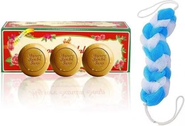 Mysore Sandal Rose Sandal Jasmine Soap with Long Loofah Brush (4 Items in the set)