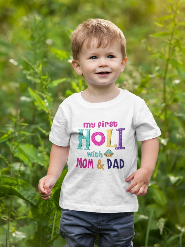 BBGMy First Holi with MOm Dad Design Printed Holi Tshirt for 0-12 Months 160 gsm polyester - 0-6 Months