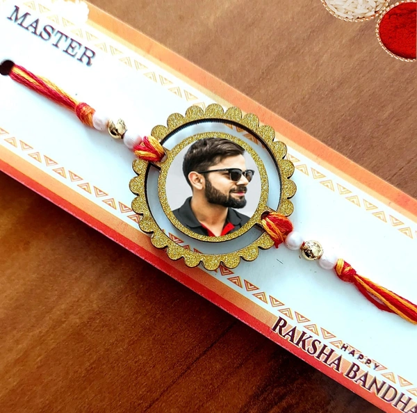Personalized Rakhi with photo glitter round corners 