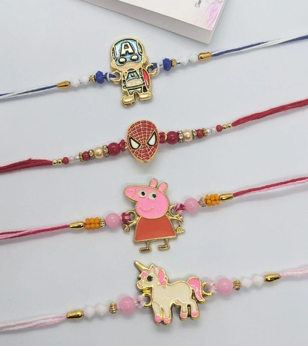 Peekalo Kids Designer Rakhi (Set of 4) + Roli Chawal Card
