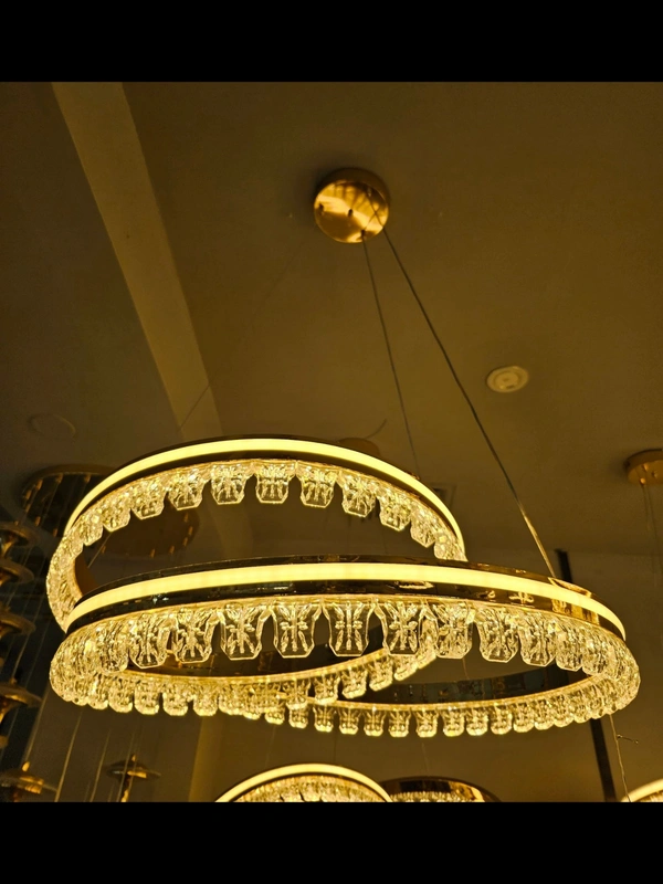 delamps Crystal Chandelier Modern Circular Hanging 2 Rings Ceiling Light Pendant for Living Room, Bedroom, Hall, Hotel, Bar, Resort Décor