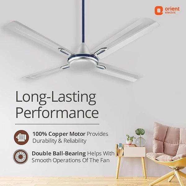 Orient Electric Quadro Ornamental 1200mm | 4 Blade, Premium BEE Star Rated Ceiling Fan  - 1200 mm, Silver Blue