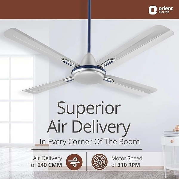 Orient Electric Quadro Ornamental 1200mm | 4 Blade, Premium BEE Star Rated Ceiling Fan  - 1200 mm, Silver Blue