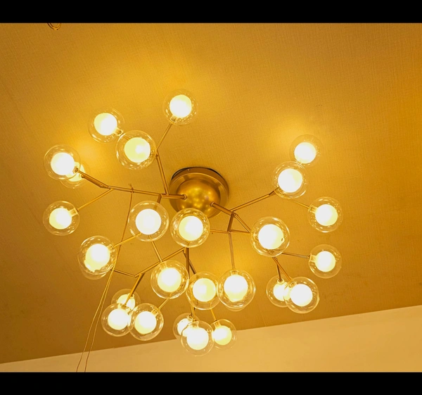 27 Lights Ball Firefly Gold Chandelier Amber Glass Led Ceiling Light Hanging Lamp - Warm White