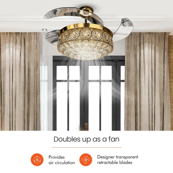ORIENTELECTRIC  Eleganza Luxury Chandelier Ceiling Fan with Retractable Blades, Mood Lighting & Remote 1200mm EZ02 - 1200 mm, Gold