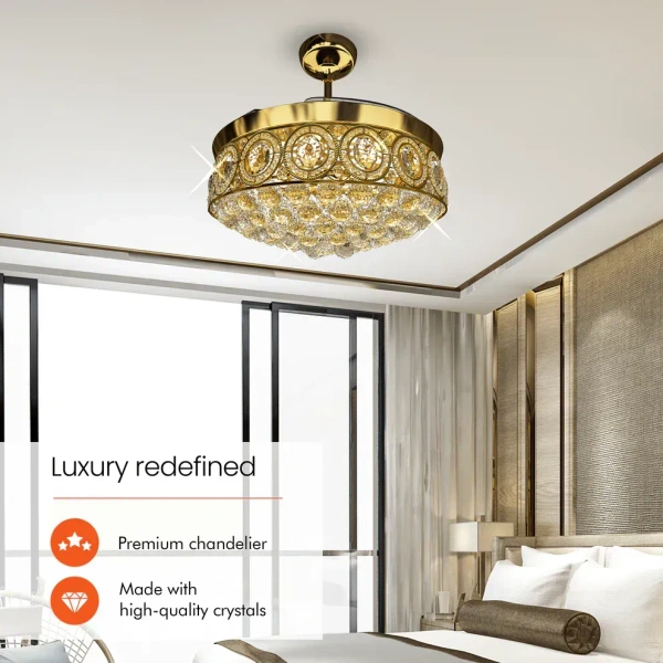 ORIENTELECTRIC  Eleganza Luxury Chandelier Ceiling Fan with Retractable Blades, Mood Lighting & Remote 1200mm EZ02 - 1200 mm, Gold