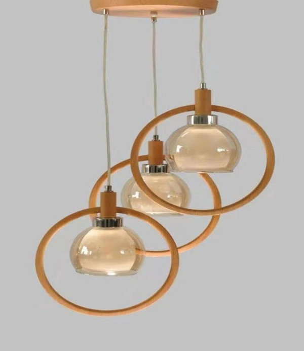 DELAMPS Circular Wooden Pendant Lighting with Bird Decoration Chandelier, Glass Lampshade Design Hanging Light E27 Lighting Fixture Height Adjustable Suspension Wire Lights for Kitchen Island