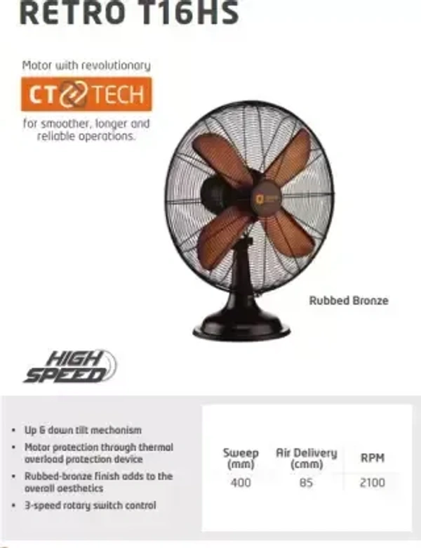 Orient Electric RETRO T16RUBBED BRONZE 400 mm 4 Blade Table Fan  (Rubbed Bronze, Pack of 1) - 400mm, Rubbed Bronze
