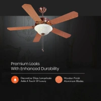 Subaris Solo Glass Shade & Wooden Finish Aluminium Blade Underlight Ceiling Fan 1300mm Antique Copper - 1300 mm, Antique Copper
