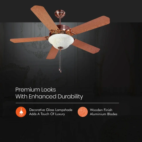 Subaris Solo Glass Shade & Wooden Finish Aluminium Blade Underlight Ceiling Fan 1300mm Antique Copper - 1300 mm, Antique Copper