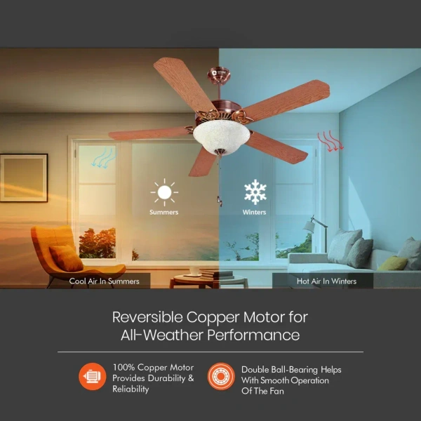 Subaris Solo Glass Shade & Wooden Finish Aluminium Blade Underlight Ceiling Fan 1300mm Antique Copper - 1300 mm, Antique Copper