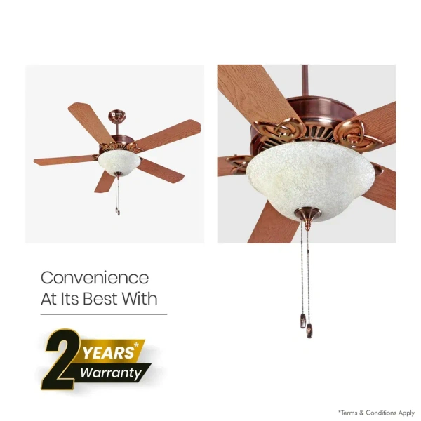 Subaris Solo Glass Shade & Wooden Finish Aluminium Blade Underlight Ceiling Fan 1300mm Antique Copper - 1300 mm, Antique Copper