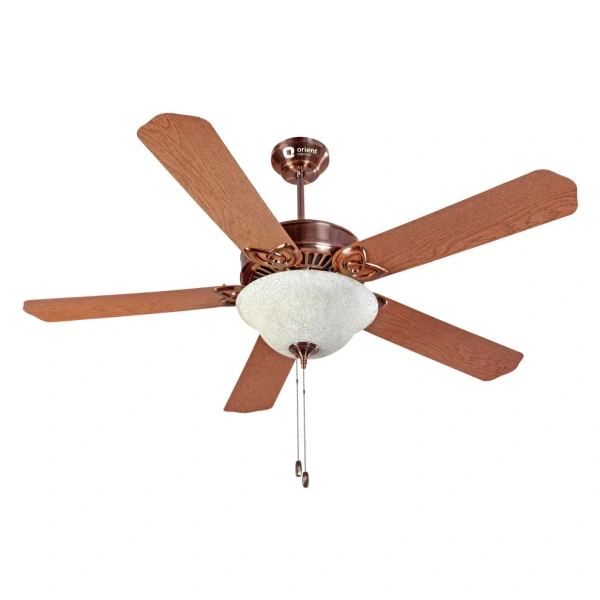 Subaris Solo Glass Shade & Wooden Finish Aluminium Blade Underlight Ceiling Fan 1300mm Antique Copper - 1300 mm, Antique Copper
