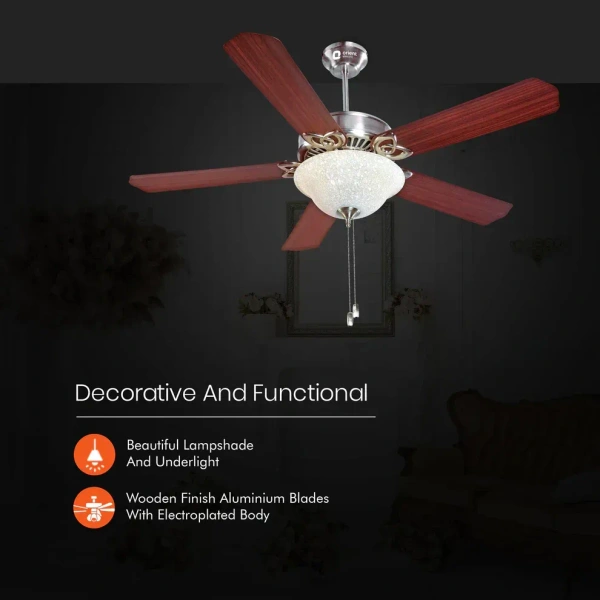 Subaris Solo Glass Shade & Wooden Finish Aluminium Blade Underlight Ceiling Fan 1300mm Brushed Nickel - 1300 mm, Brushed Nickel