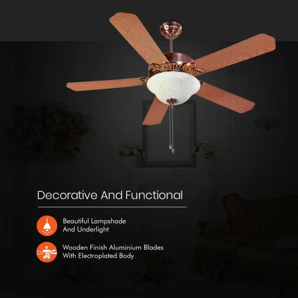 Subaris Solo Glass Shade & Wooden Finish Aluminium Blade Underlight Ceiling Fan 1300mm Antique Copper - 1300 mm, Antique Copper
