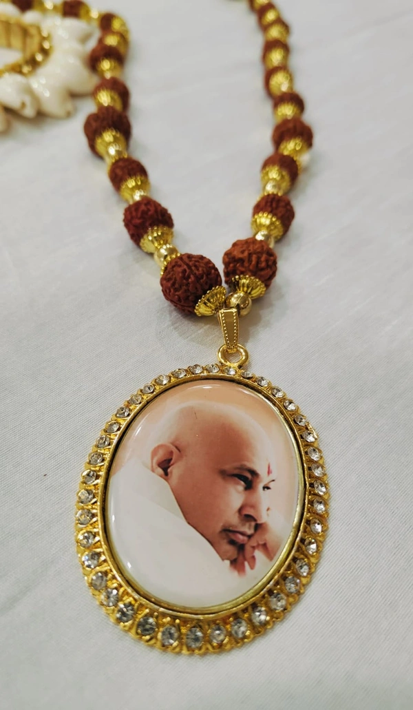 Jai Guruji Rudraksha Mala With Big Locket - Brown, 15 Inches