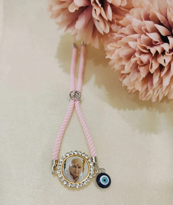 Jai Guruji Adjustable String Bracelet  - Pink Lace, Free Size